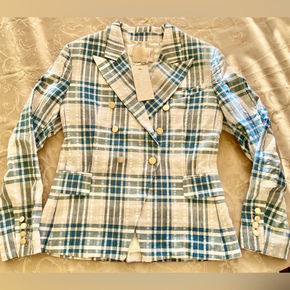 Olivvi NWT Cream and Blue Fitted Plaid Blazer  Jacket ,Gold Logo Button ,Size L - Picture 10 of 13
